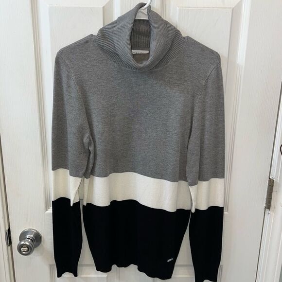 Calvin Klein Grey, white and black colorblock turtleneck sweater- NWOT sz. LG - Picture 1 of 11
